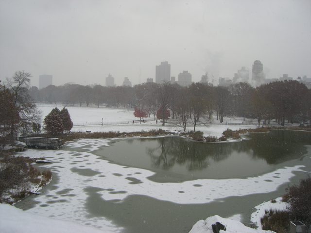 Snow lies on lawns and paths around a partly ice-covered pond, with bare trees and a hazy city skyline beyond.