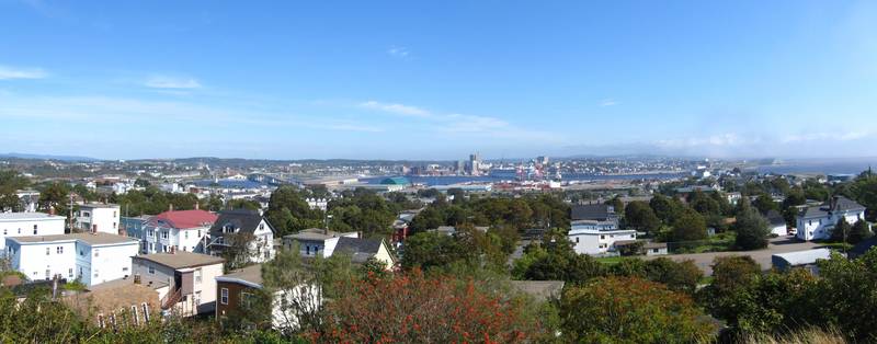 A panoramic view across houses and trees toward Saint John’s harbour, waterfront buildings and cranes.