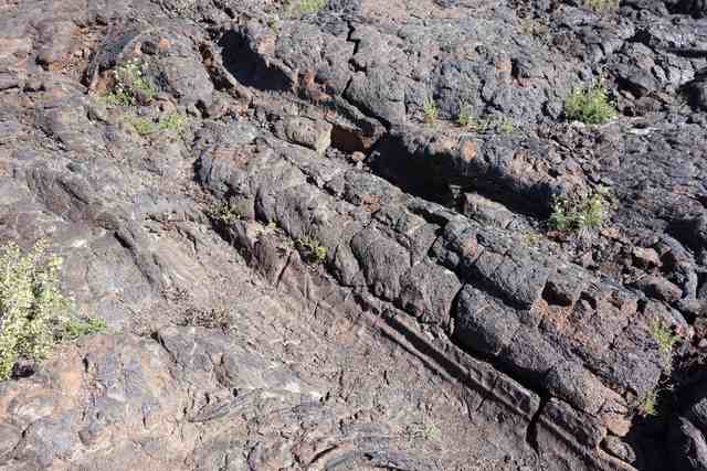 Elongated grooves and hollows cross a broader area of broken lava rock, with small plants growing in the cracks.