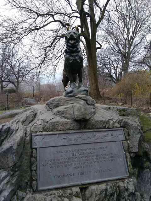 A bronze sled dog stands on a natural rock outcrop above a relief and inscription plaque, with leafless trees and park steps behind.