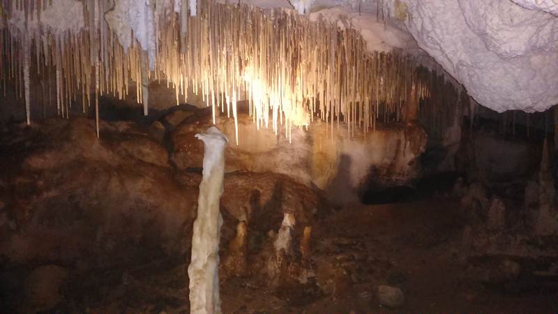 Thin stalactites hang over a pale upright stalagmite and rounded brown cave surfaces.
