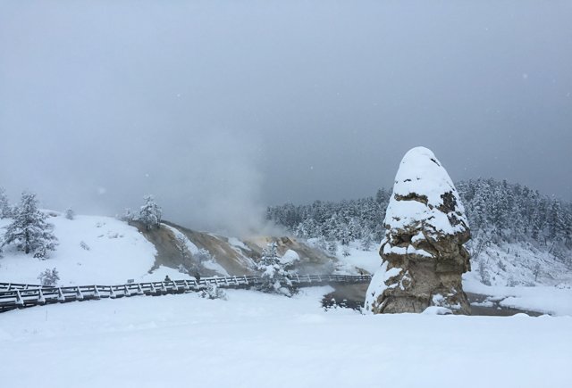 Snow covers Liberty Cap and a nearby boardwalk, with steaming terraces and forest behind.