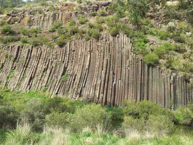 Tall jointed stone columns above a narrow creek, with grasses and shrubs in the foreground and on the cliff.