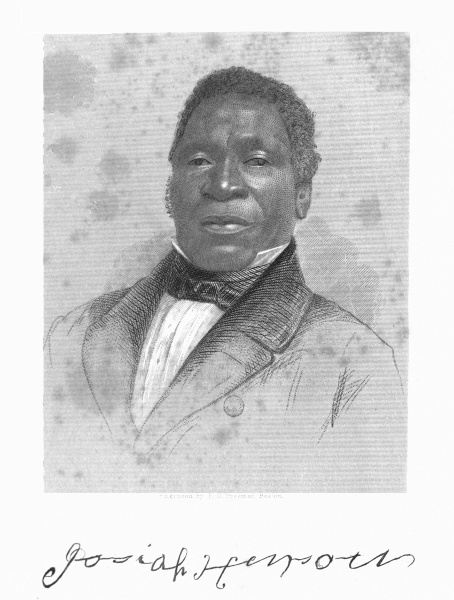 An engraved portrait of Josiah Henson in a dark coat, with his signature below.