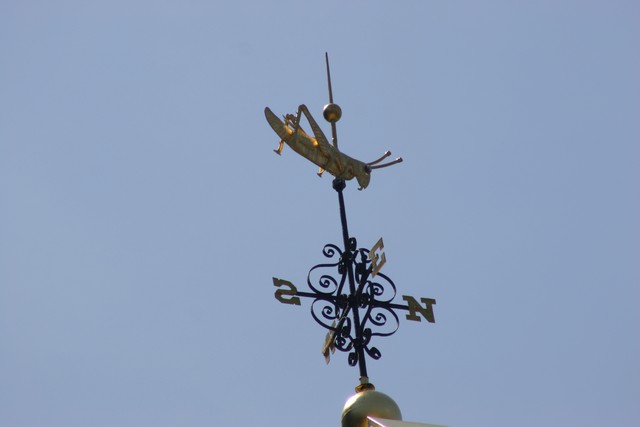 A gold-coloured grasshopper sits above the directional letters and scrollwork of a weathervane against blue sky.