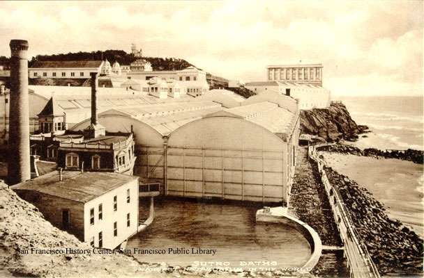 Sepia postcard with the baths’ glass roofs, a foreground water basin, buildings at left and a distant Cliff House at upper right.