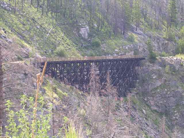 A timber trestle with diagonal bracing and a wooden railing spans a rocky, sparsely wooded canyon slope.