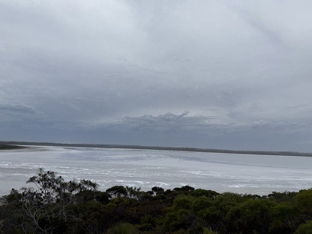 A broad pale lake under dark clouds, with curving shoreline bands and shrubs in the foreground.